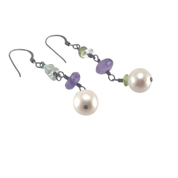 Handcrafted 2" Pearl & Gemstone Drop Earrings With Amethyst & Peridot Accents - Picture 1 of 6